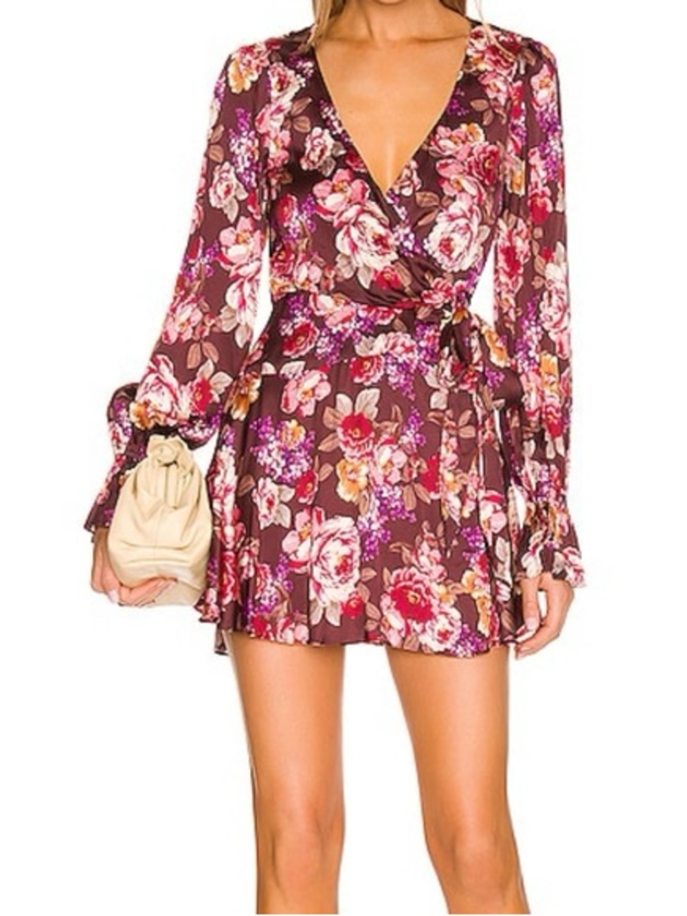 MAJORELLE Kelsey Floral Wrap Mini Dress in Wine Country Burgundy Size S